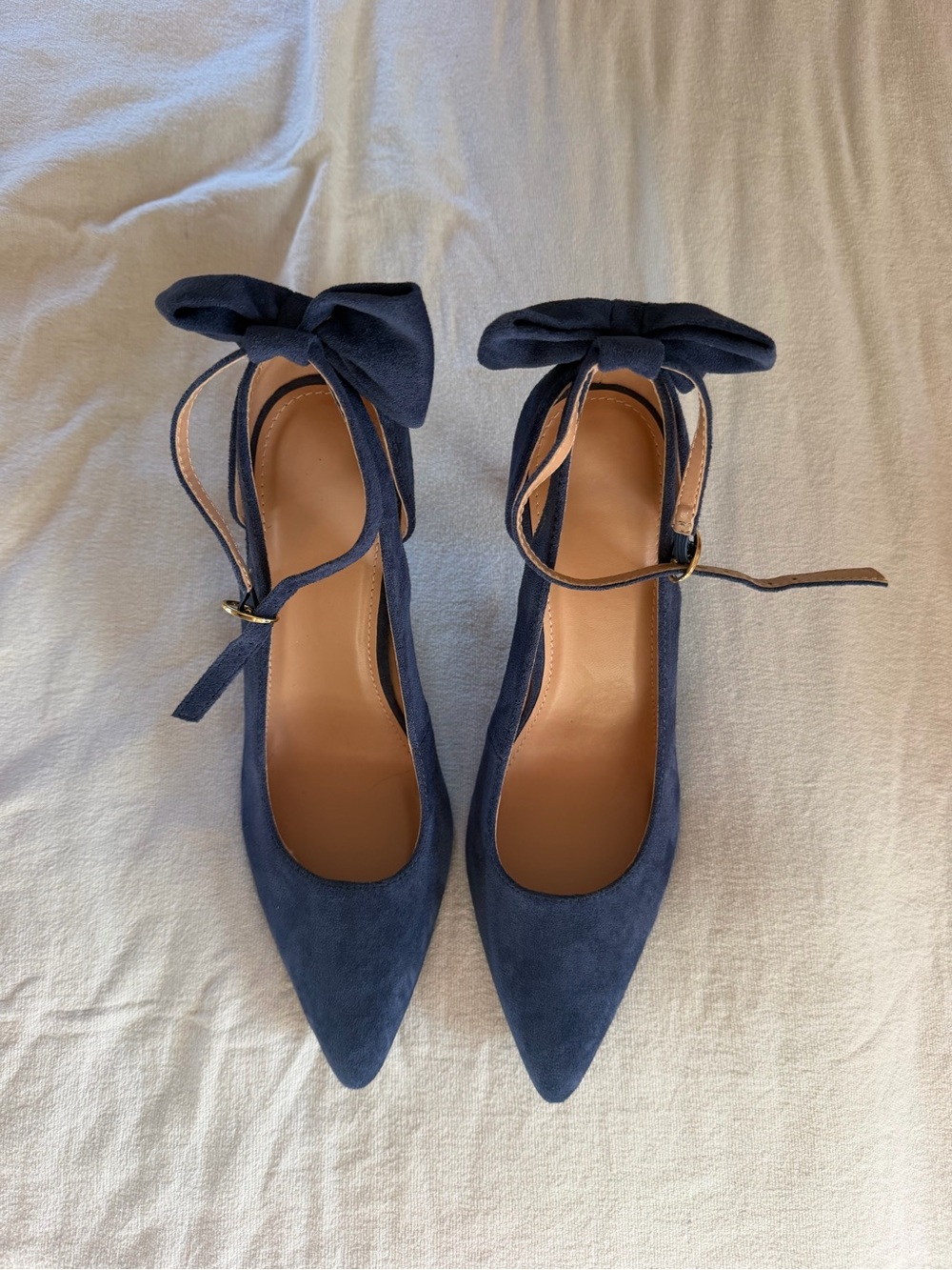 Pointed Navy Bow Ankle-Strap Heels